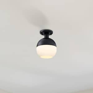 Linden 8 in. 1-Light Matte Black Mid-Century Modern Semi Flush Mount with Etched Opal Glass Shade for Bedrooms