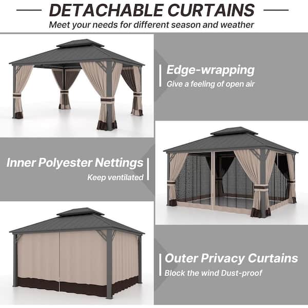 12 ft. x 20 ft. Gray Metal Hardtop Gazebo with Double Roof Pergola, Netting and Curtain Sand