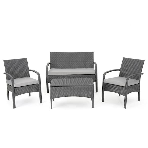 Unbranded 4-Piece Grey PE Rattan Wicker Iron Patio Outdoor Conversation Set with Light Grey Cushions