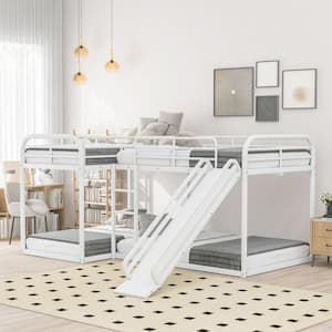 White L-Shaped Full and Twin Size Metal Bunk Bed with Slide and Ladder