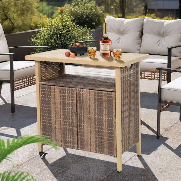 Outdoor Rolling Brown Wicker Bar with Storage Cabinet Patio Serving Carts on Wheels Prep Station Rolling Kitchen Island