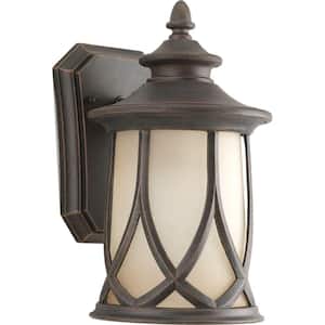 Resort Collection 1-Light Aged Copper Etched Umber Glass Craftsman Outdoor Small Wall Lantern Light