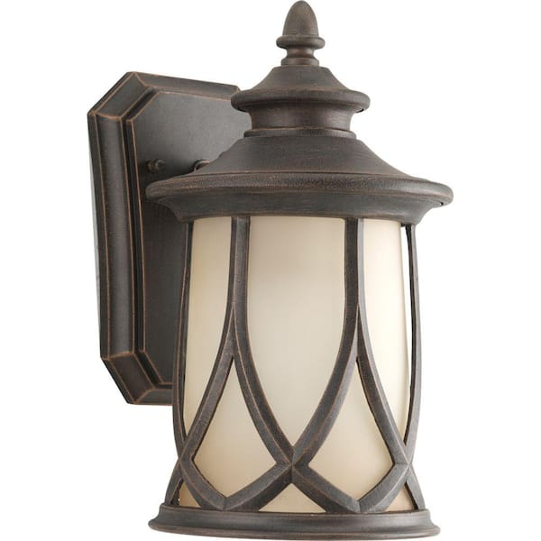 Progress Lighting Resort Collection 1-Light Aged Copper Etched Umber Glass Craftsman Outdoor Small Wall Lantern Light