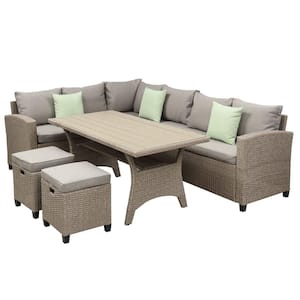 Smith Brown 5-Piece Wicker Patio Furniture Set Outdoor Conversation Set with Beige Cushions and Pillows