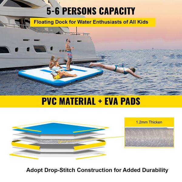 6 x 5 ft Inflatable Water Platform Swim Deck with None-Slip Surface FBSPORT Inflatable Floating Dock Mat Floating Platform for Pool Beach Ocean 6 Inch Thick PVC Construction