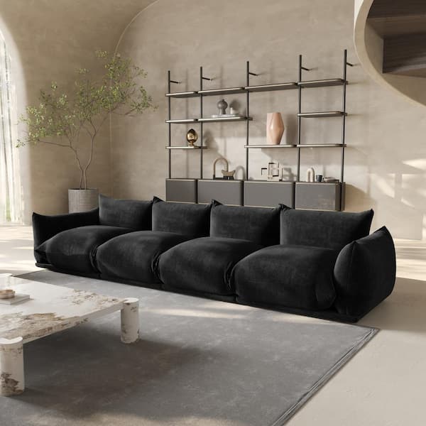 Modern 131 in. Flared Arm 4-Piece Chenille 4 Seater Modular Minimalist Convertible Floor Couch Sectional Sofa in. Black