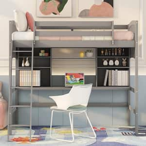 Gray Twin Loft Bed with Desk and Shelves, Wooden Loft Bed Frame for Kids, Loft Bed with Ladder and Safety Guardrail