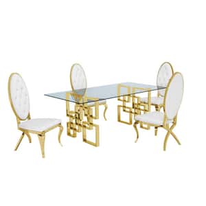 Dominga 5-Piece Glass Top with Gold Stainless Steel Set with 4 White Faux Leather with Gold Stainless Chairs.
