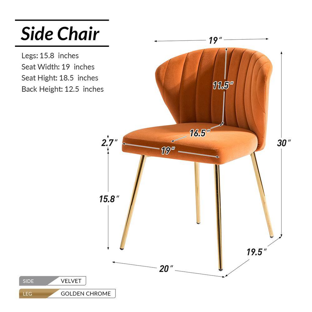 Velvet Upholstered Low Back Side Chair in Orange with Brass Legs, Set of 2