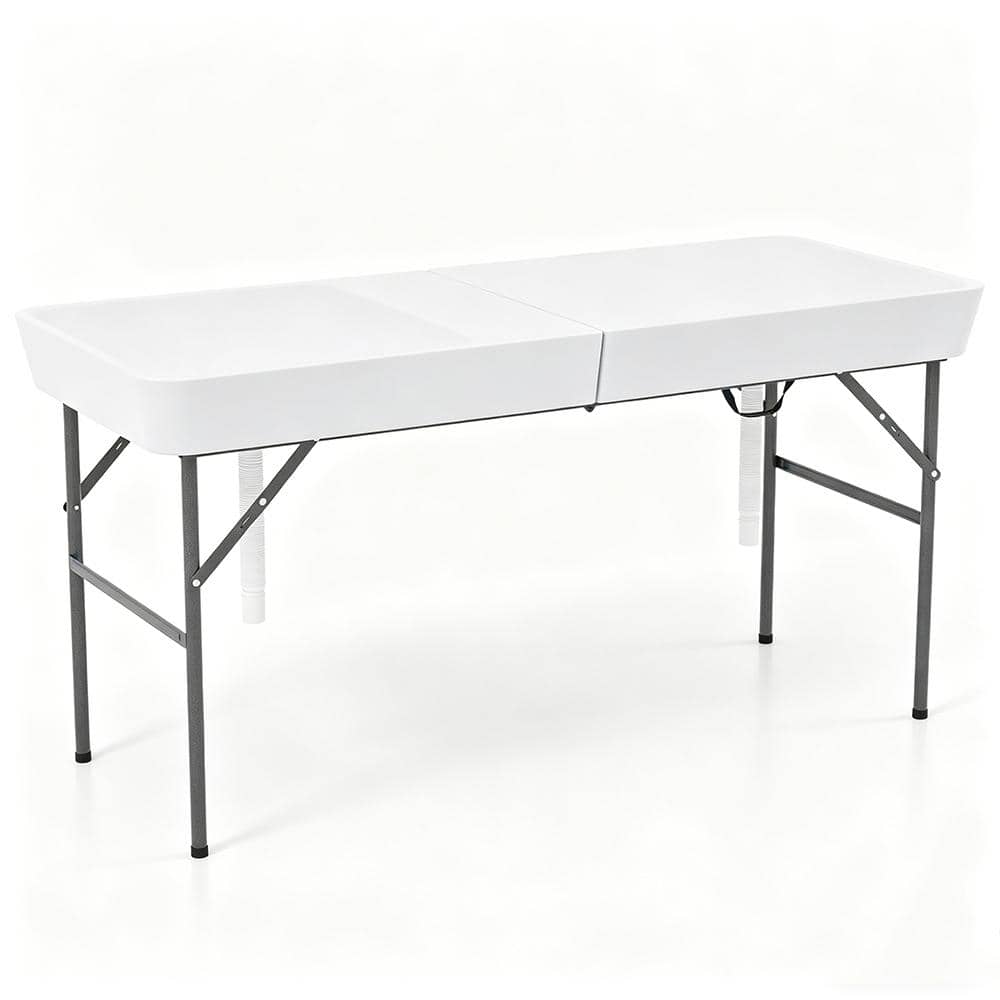 5 ft Folding Ice Cooler Table with Dual Sinks for Camping, Picnic, Party and Wedding, White