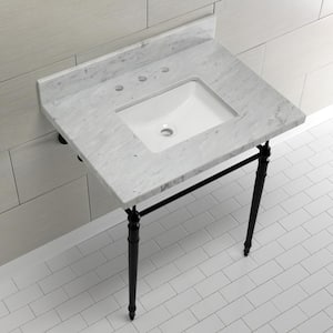 Edwardian 30 in. Console Sink with Brass Legs (8 in., 3 Hole) in Marble White/Matte Black