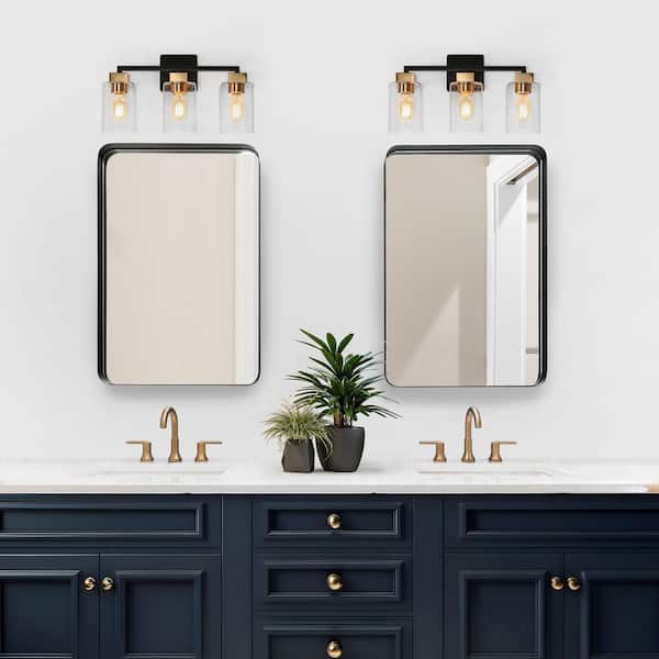 18 in. 3-Light Brass Bathroom Vanity Light for Mirrors, Clear Glass Black Bath Lighting, Modern Indoor Wall Sconce