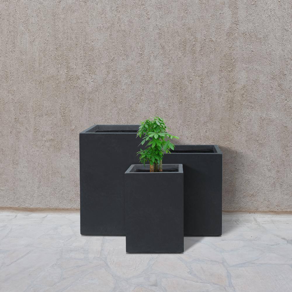 Charcoal Finish Concrete Tall Square Planter Set, 19", 16" and 13"H