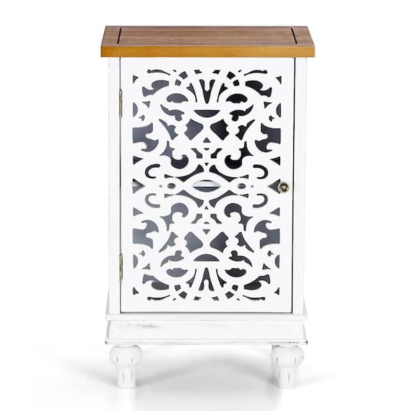 PHI VILLA 13.78 in.White Hollow-Carved MDF Modern Buffet Sideboard with Solid Wood Legs