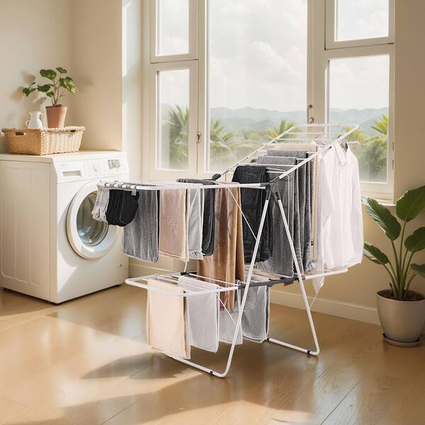 Clothes Drying Rack, 2-Tier Foldable Laundry Dryer Rack with Sock Clips and 31 Dry Rods, Metal Height Adjustable, White