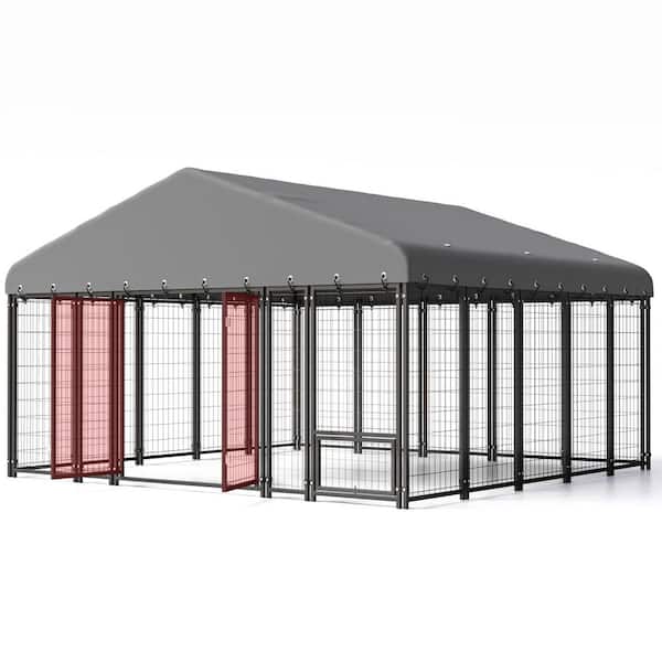 10 ft. x 10 ft. Large Dog Kennel Outdoor Dog Enclosure with Feeding and Double Swing Doors and Weatherproof Dog Cage
