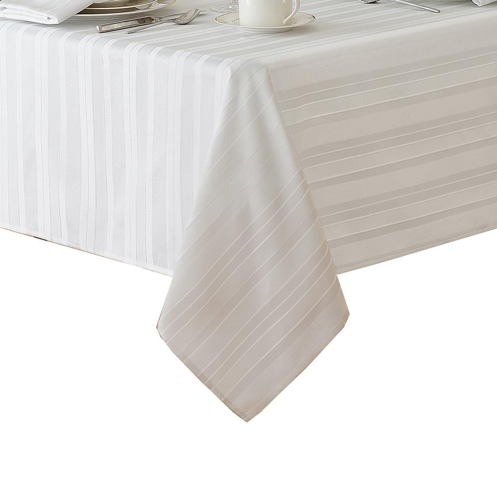 60 in. W x 102 in. L White Denley Stripe Damask Fabric Tablecloth