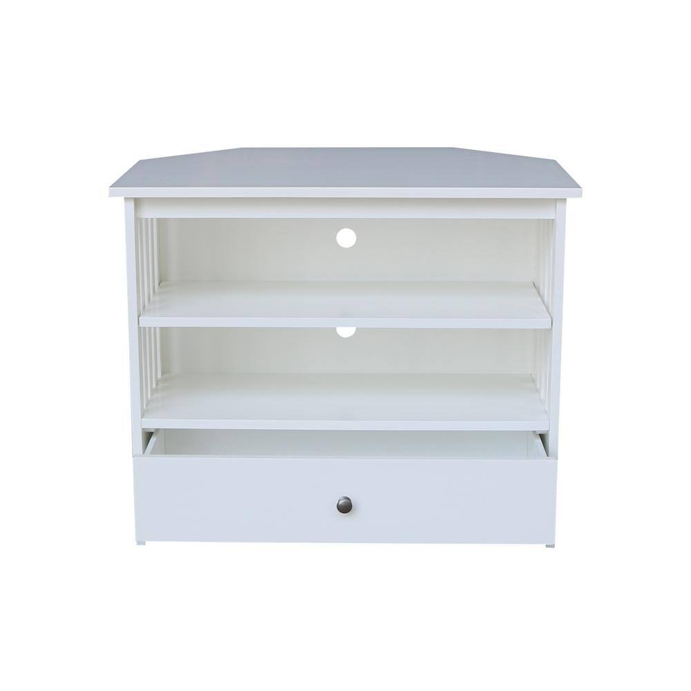 White Solid Wood Corner TV Stand with Shelves and Drawer