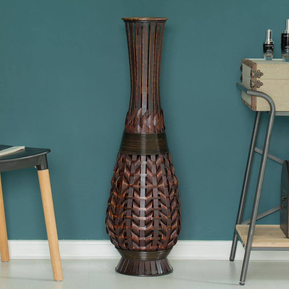 Antique Fluted Metallic Brown Bamboo Floor Vase with Aged Finish