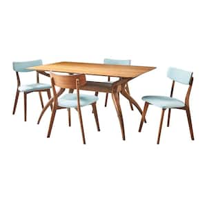 Nissie 5-Piece Mint Fabric Upholstered and Natural Walnut Wood Dining Set