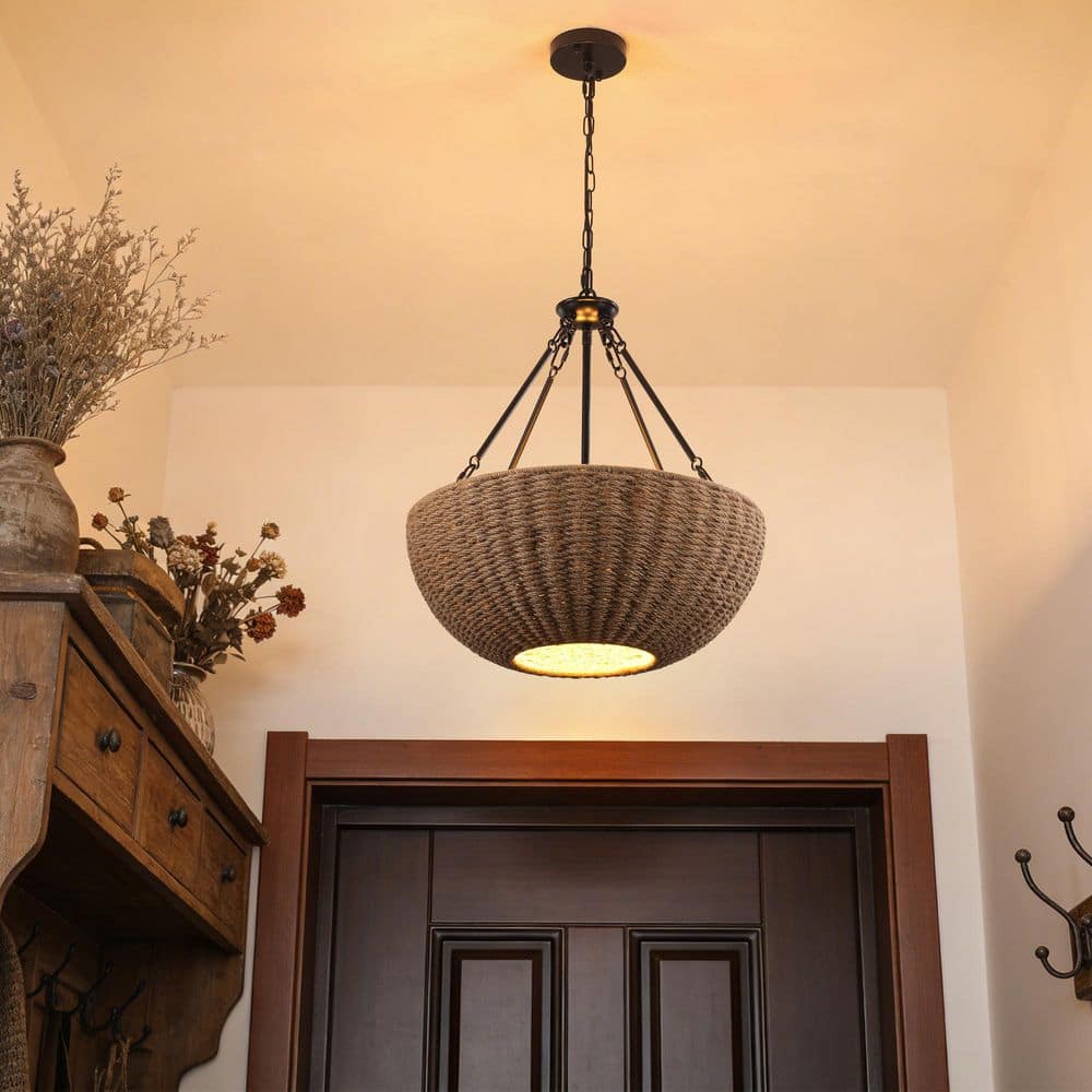 5 light 19.69 in. Black Round Bowl Hemp Rope Rattan Boho Chandelier With Rattan Shade For Bedroom with No Bulbs Included price history on PriceWatchPro