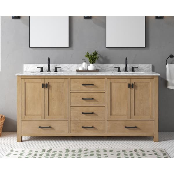 Avanity Modero 73 in. Double Sink Brushed Oak Bath Vanity with Carrara White Marble Top