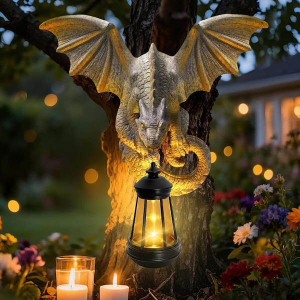 10 in. x 11 in. Gray Resin Dragon Tree Hugger Garden Statue with