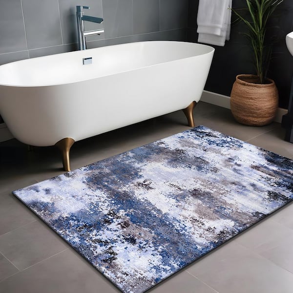 Ocean Abstract Navy 2 ft. x 3 ft. Non-Slip Rubber Back Indoor Area Rug