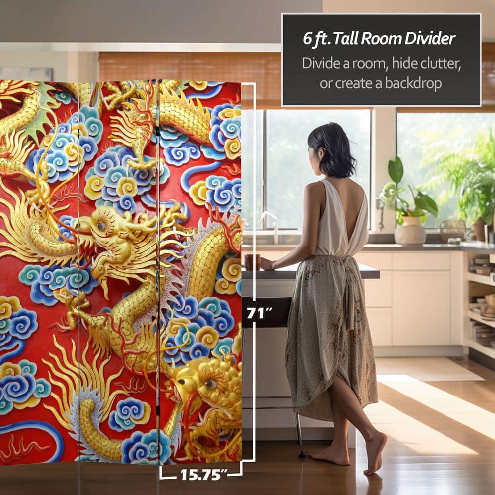 6 ft Red and Gold Chinese Dragon Folding Room Divider