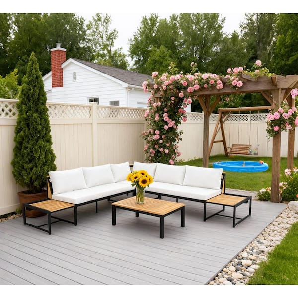 Unbranded 4-Piece Acacia Wood Outdoor Sectional Set, Sofa Set with Beige Cushions and Coffee Table