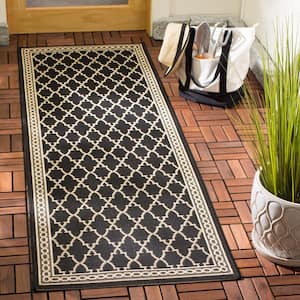 Courtyard Black/Beige 2 ft. x 14 ft. Geometric Indoor/Outdoor Patio  Runner Rug