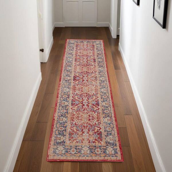 8' Blue and Red Floral Distressed Non Skid Runner Rug