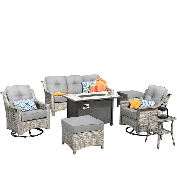 Verona 7-Piece Wicker Outdoor Patio Fire Pit Furniture Conversation Sofa Set with Swivel Chairs and Dark Grey Cushions