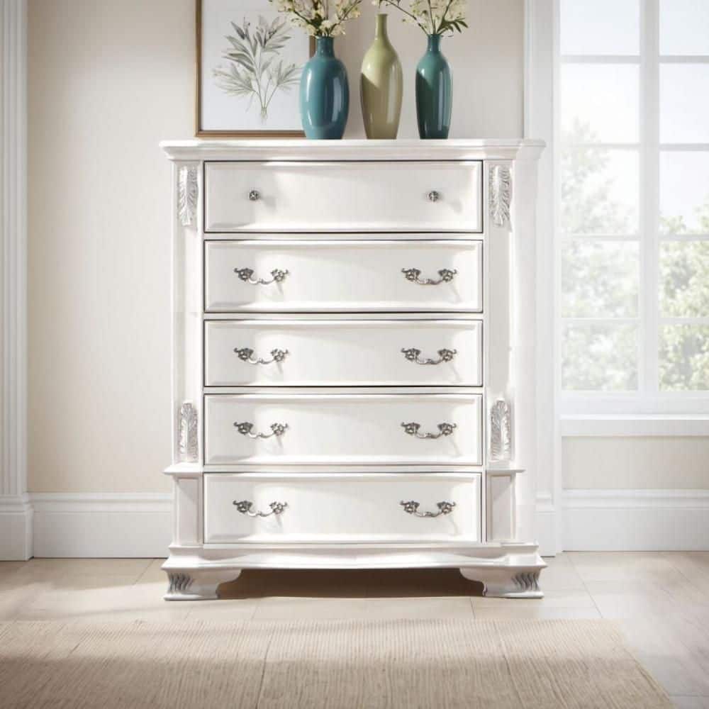 Benjara Prio Pearl White 5-drawer 44 in. Wide Tall Chest of