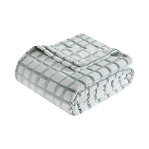 Wavy Grid 1-Piece Polyester Green Twin Jacquard Plush Blanket