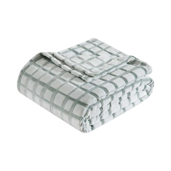KENNETH COLE NEW YORK Wavy Grid 1-Piece Polyester Green Twin Jacquard Plush Blanket