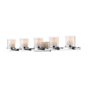 Schema 38 in. 5-Light Chrome Integrated LED Shaded Vanity Light with Clear and Matte Opal Glass Shade