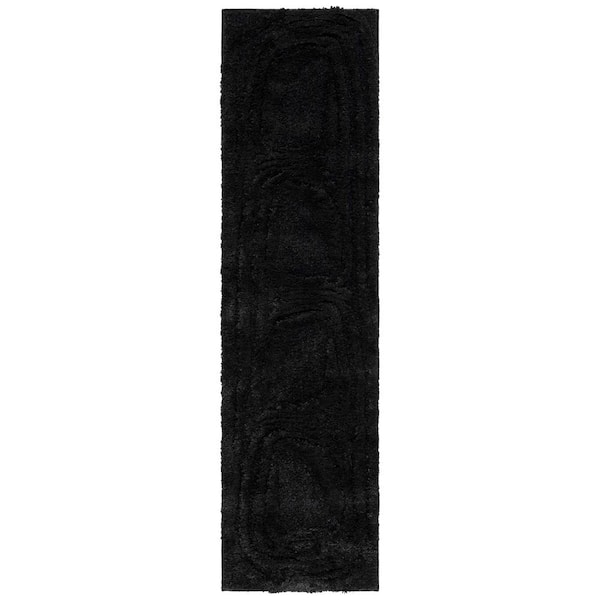 Hi-Lo Shag Black 2 ft. x 9 ft. Swirl High-Low Runner Rug
