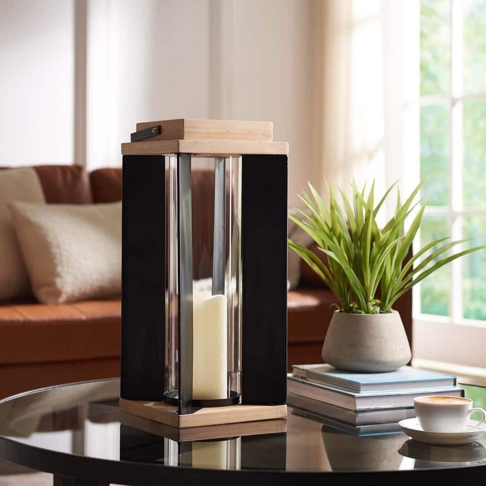 Large 19 in. H Wood and Black Metal Candle Lantern
