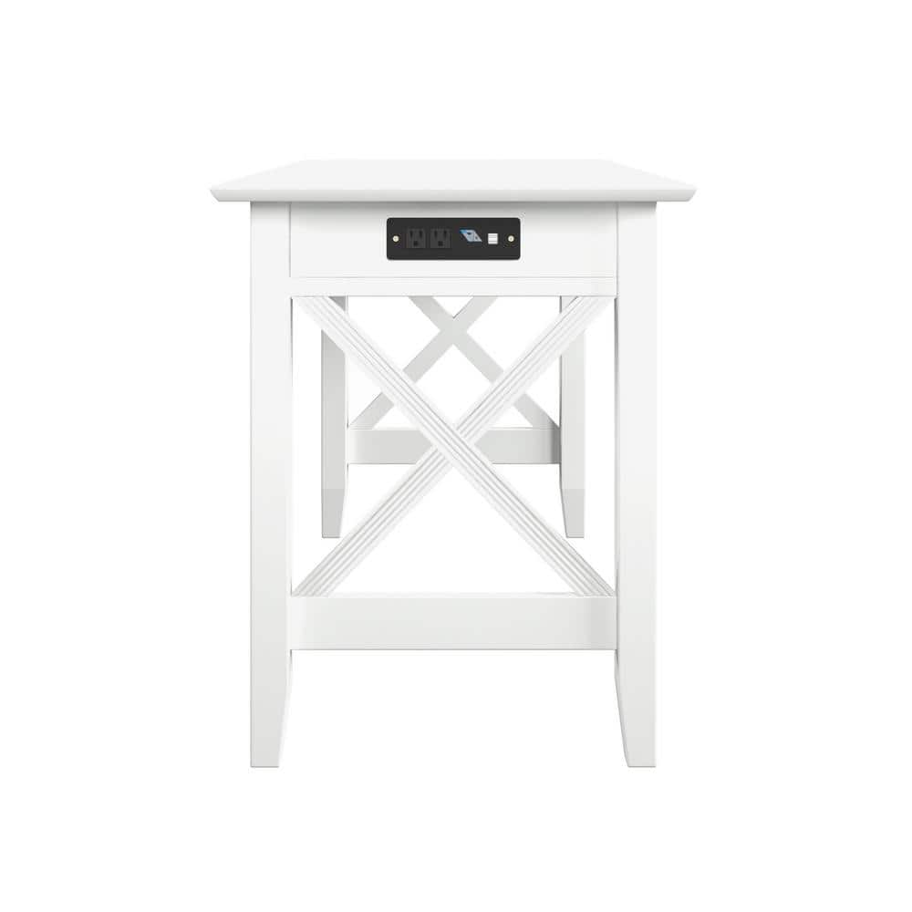 48" White Solid Wood Writing Desk with Charging Drawer