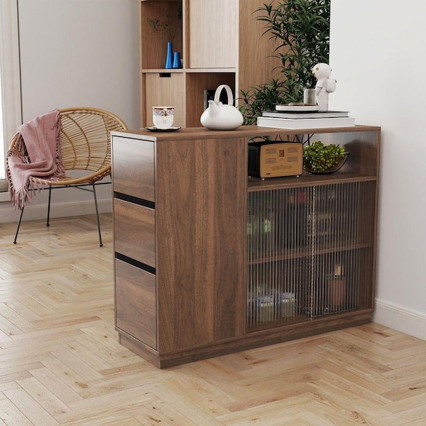 Walnut Wood Kitchen Sideboard Cabinet, Small Countertop Organizer with 2 Glass Sliding Doors and 3 Side Drawers