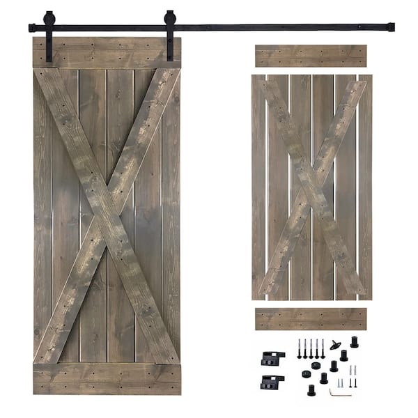 Akicon 36 in. x 84 in. Briar Smoke Painted Wood Sliding Door with Hardware Kit, Pre-Drilled Ready to Assemble