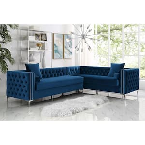 Olivia Navy/Silver Velvet 4-Seater L-Shaped Right-Facing Sectional Sofa with Nailheads
