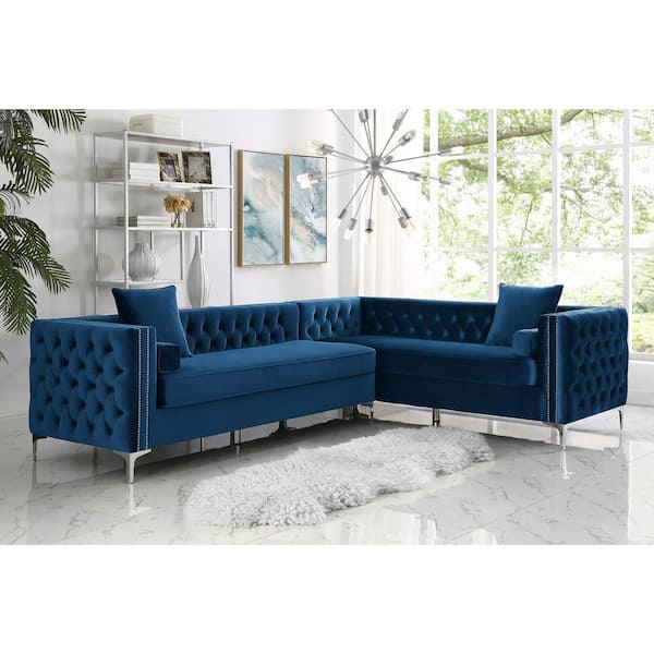 Inspired Home Olivia Navy Silver Velvet, Nailhead Sectional Sofa Blue