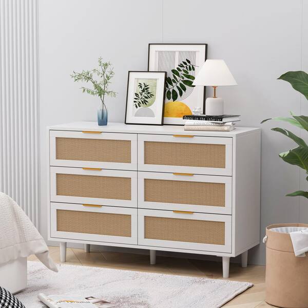 boho dresser white Aupodin 6-Drawer Rattan with Gold Handles, Modern Bedroom Storage Chest, Natural Rattan Drawer Fronts lasting style