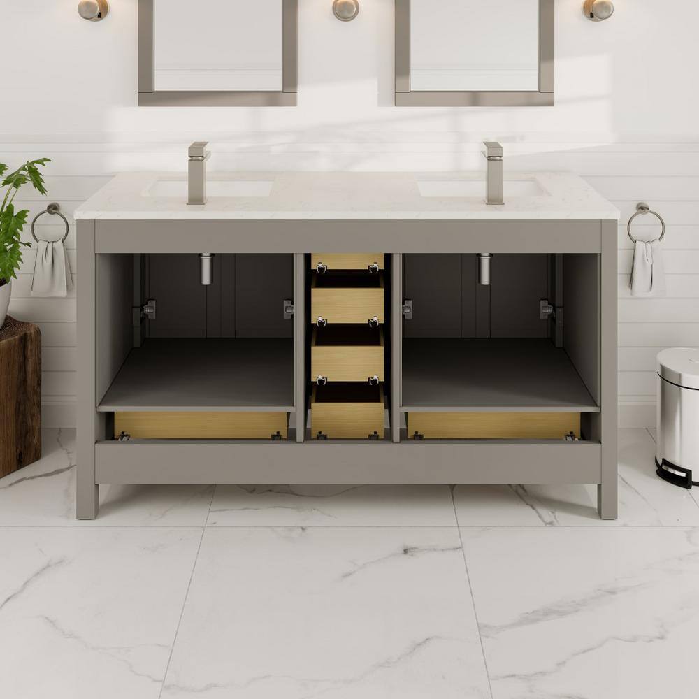 Gray Double Sink Bathroom Vanity with White Quartz Countertop