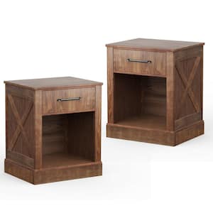 2PCS 20 in. W x 16 in. D x 24 in. H Nightstand with Drawer and Shelf Rustic Wooden Bedside Table Bedroom Brown