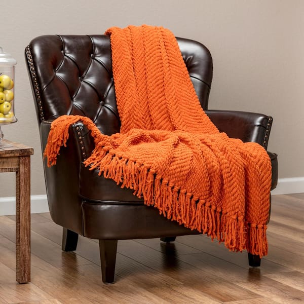 Textured Knit Orange Acrylic Polyester Throw Blanket with Tassels - 60 in. x 70 in.