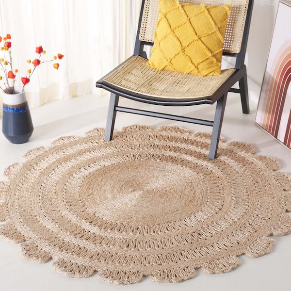 Natural Fiber Beige Doormat 3 ft. x 3 ft. Woven Border Round Area Rug