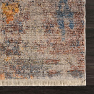 4' X 6' Gray Beige Blue And Yellow Abstract Power Loom Distressed Stain Resistant Area Rug